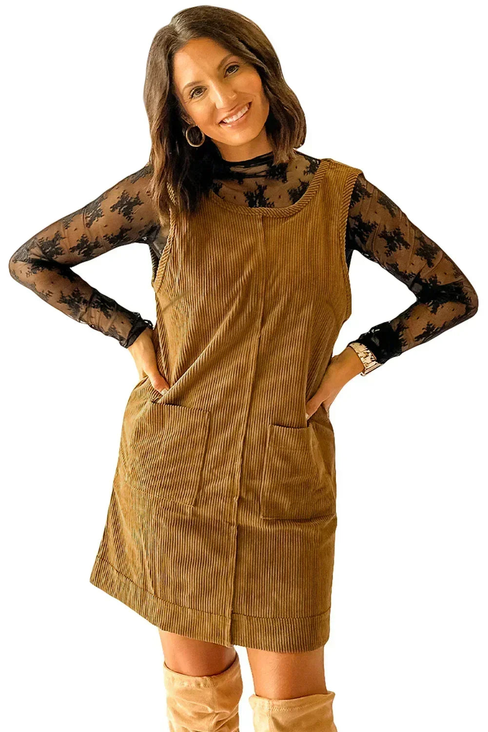 Black Corduroy Exposed Seam Sleeveless Mini Dress