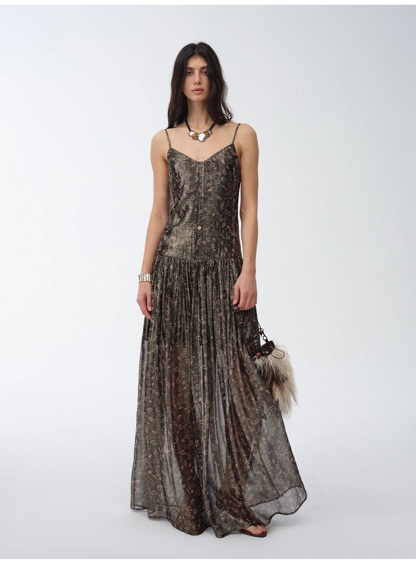 Golden Veil Silk Paisley Dress