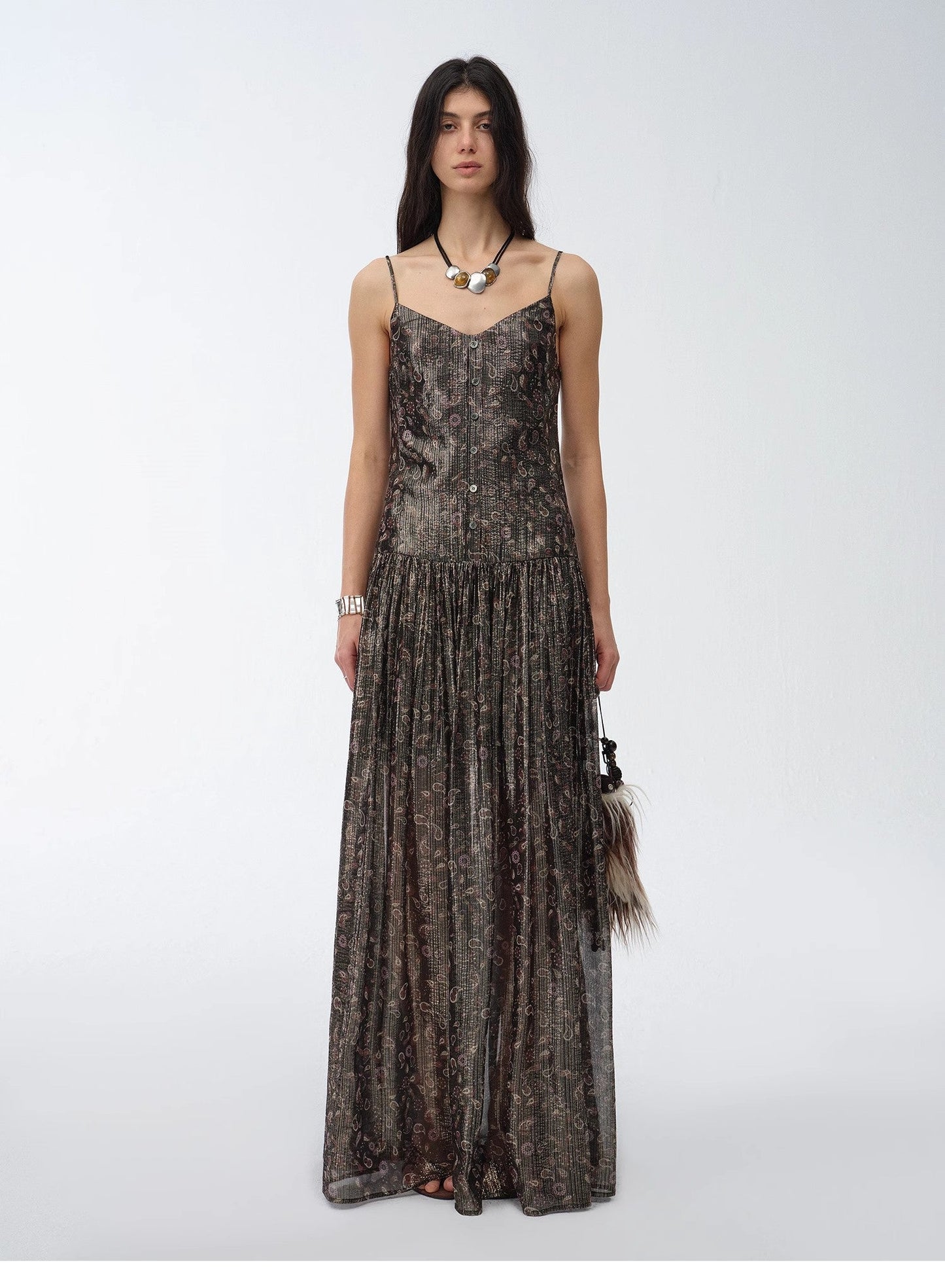 Golden Veil Silk Paisley Dress