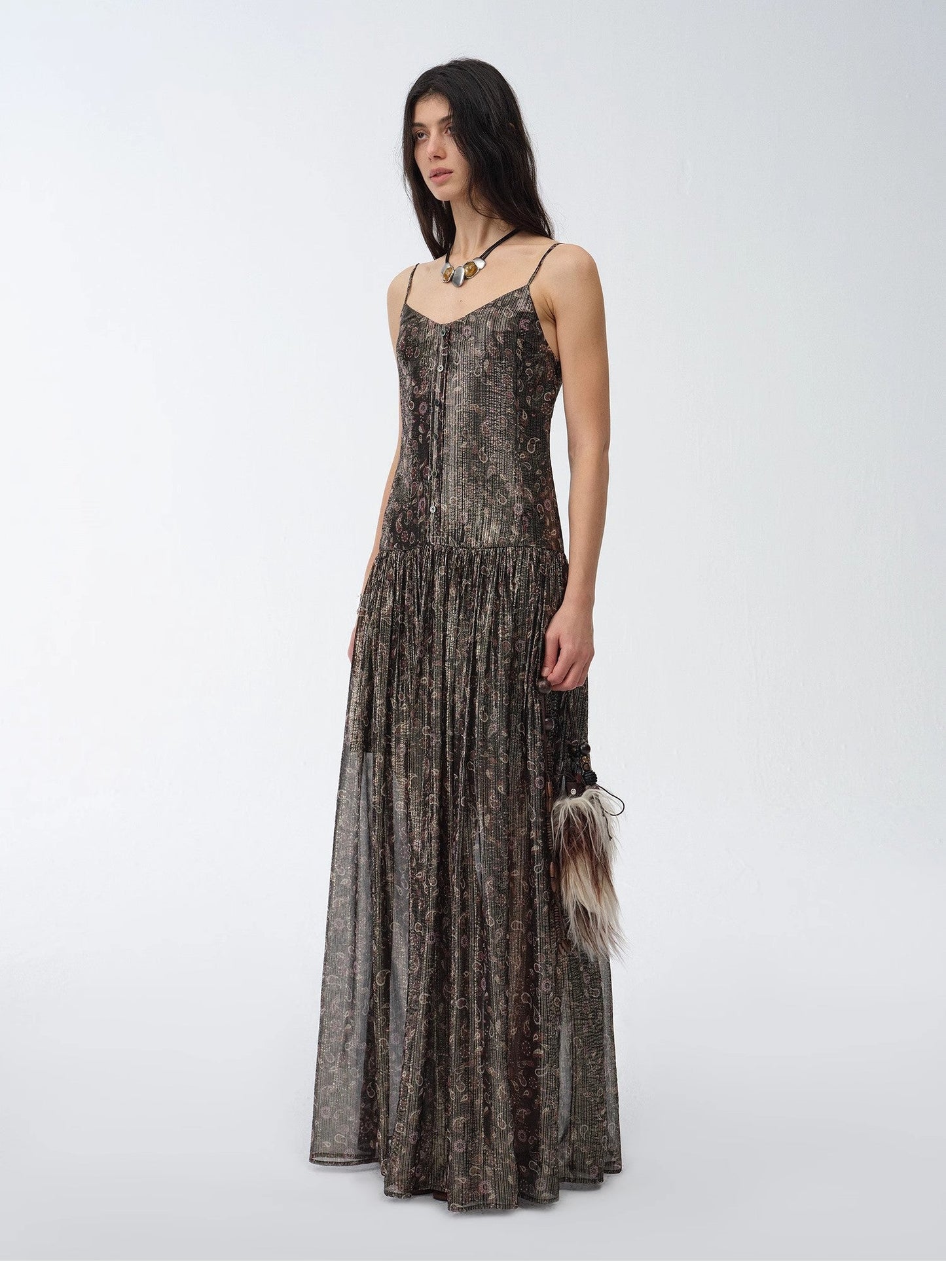Golden Veil Silk Paisley Dress