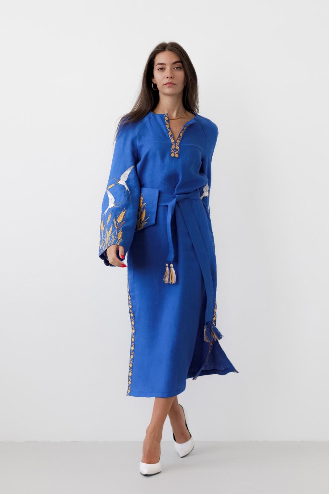 Blue Linen Embroidered Dress – Ukrainian Boho Vyshyvanka Folk Style