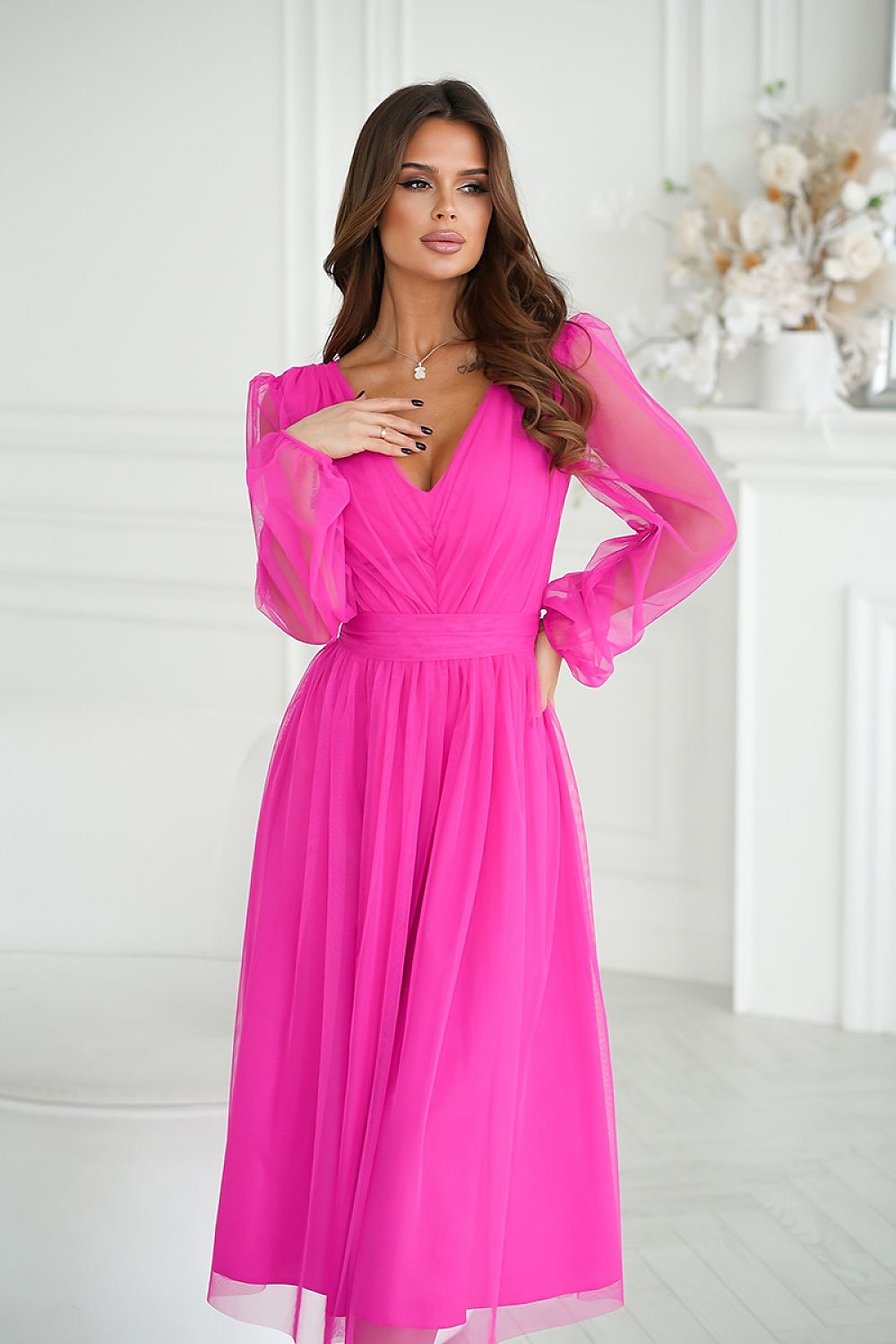 Marleia Mesh-Layered Evening Midi Dress