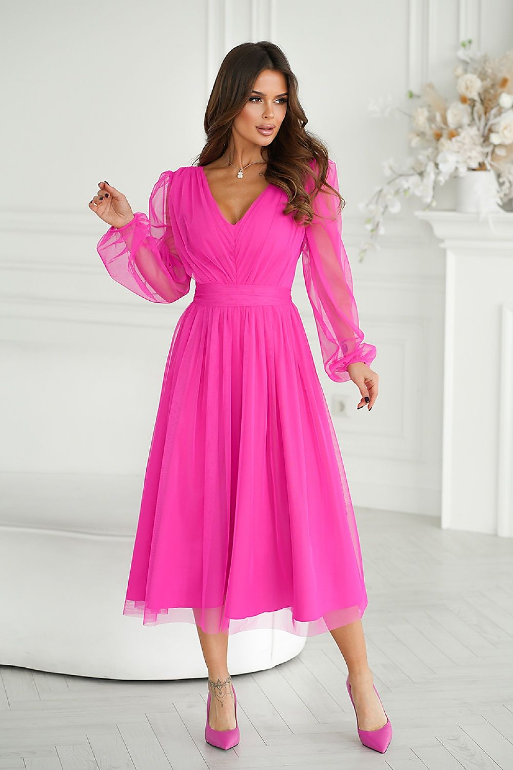 Marleia Mesh-Layered Evening Midi Dress