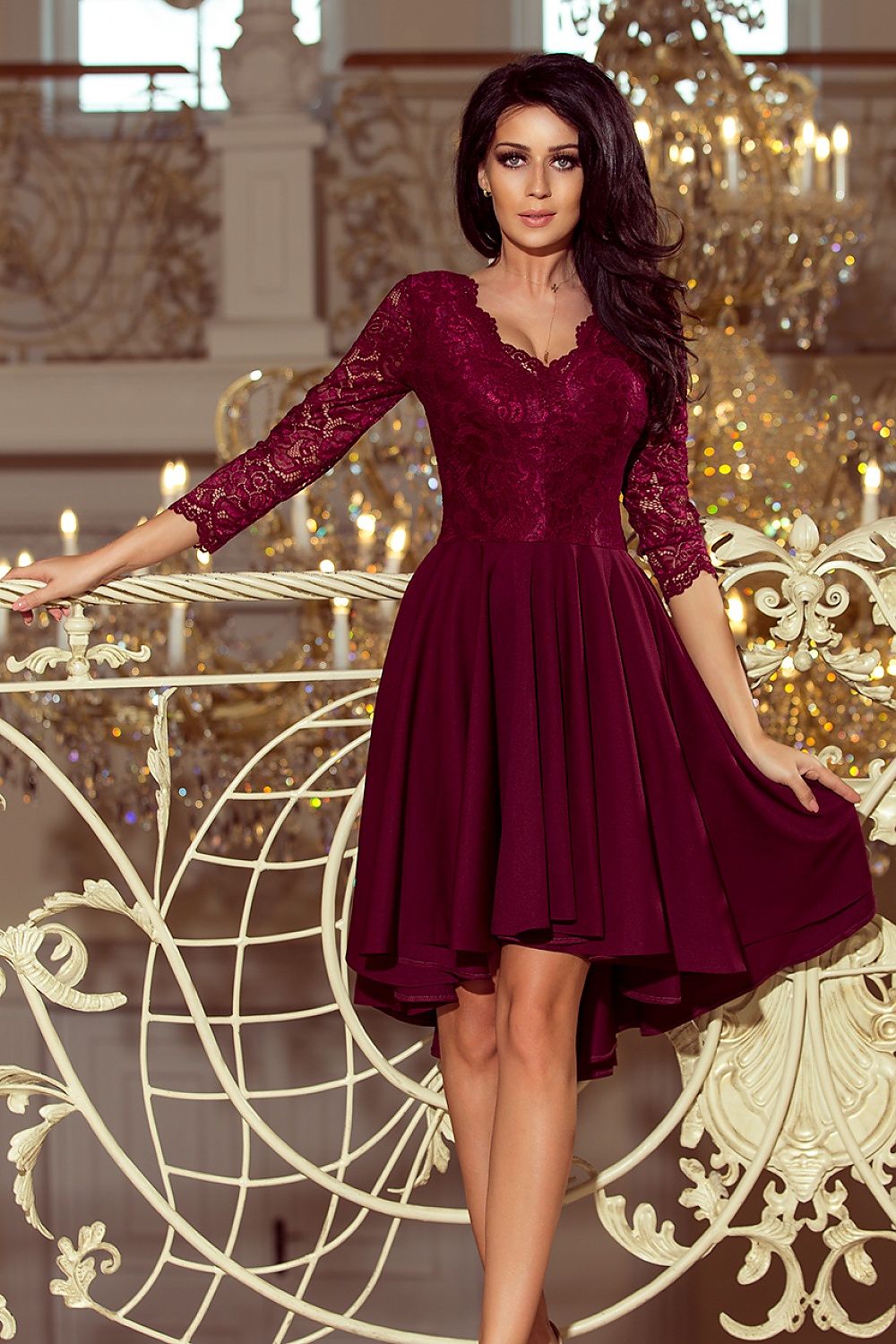 Nivelle Burgundy Lace High-Low Dress
