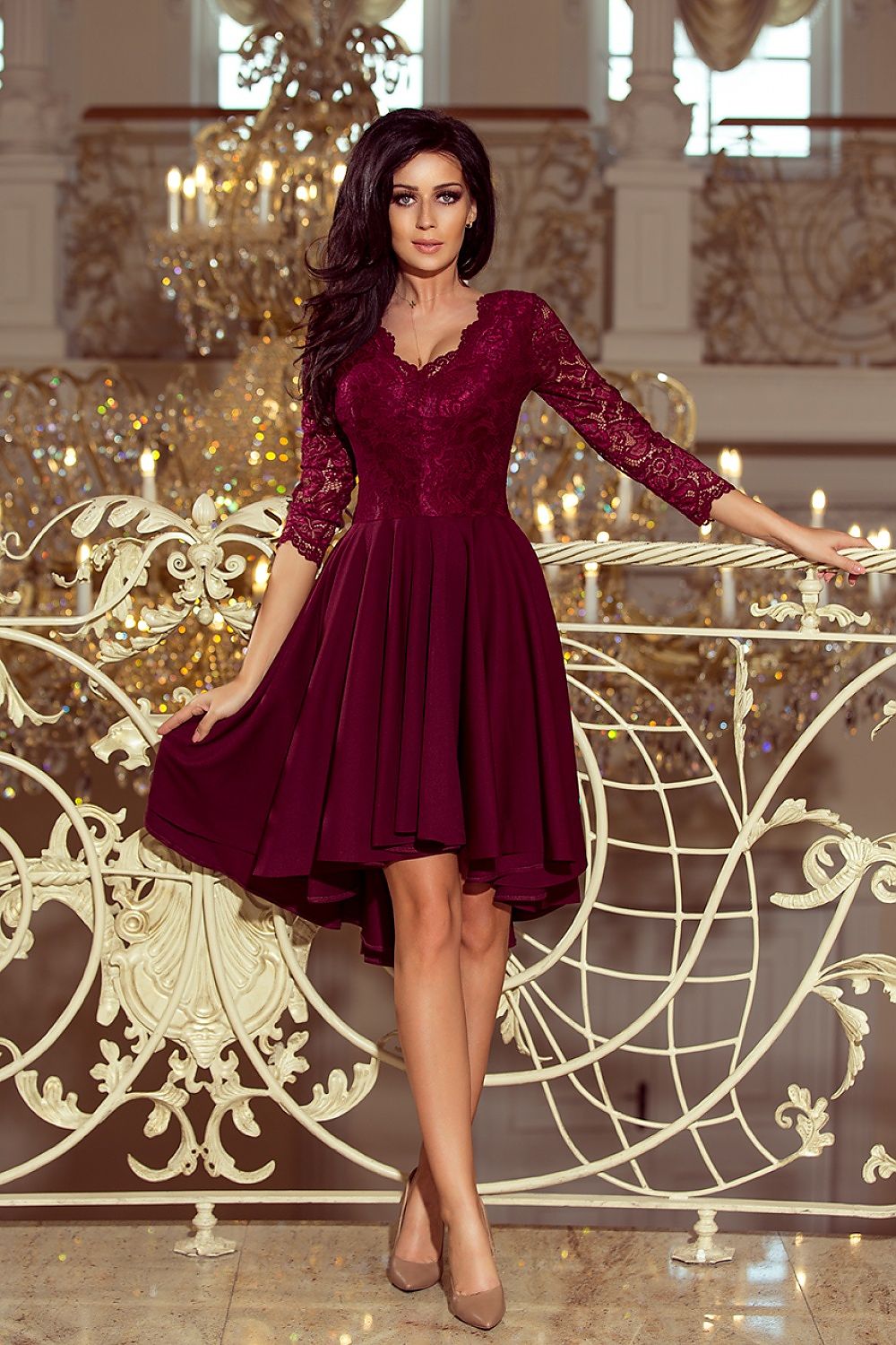 Nivelle Burgundy Lace High-Low Dress