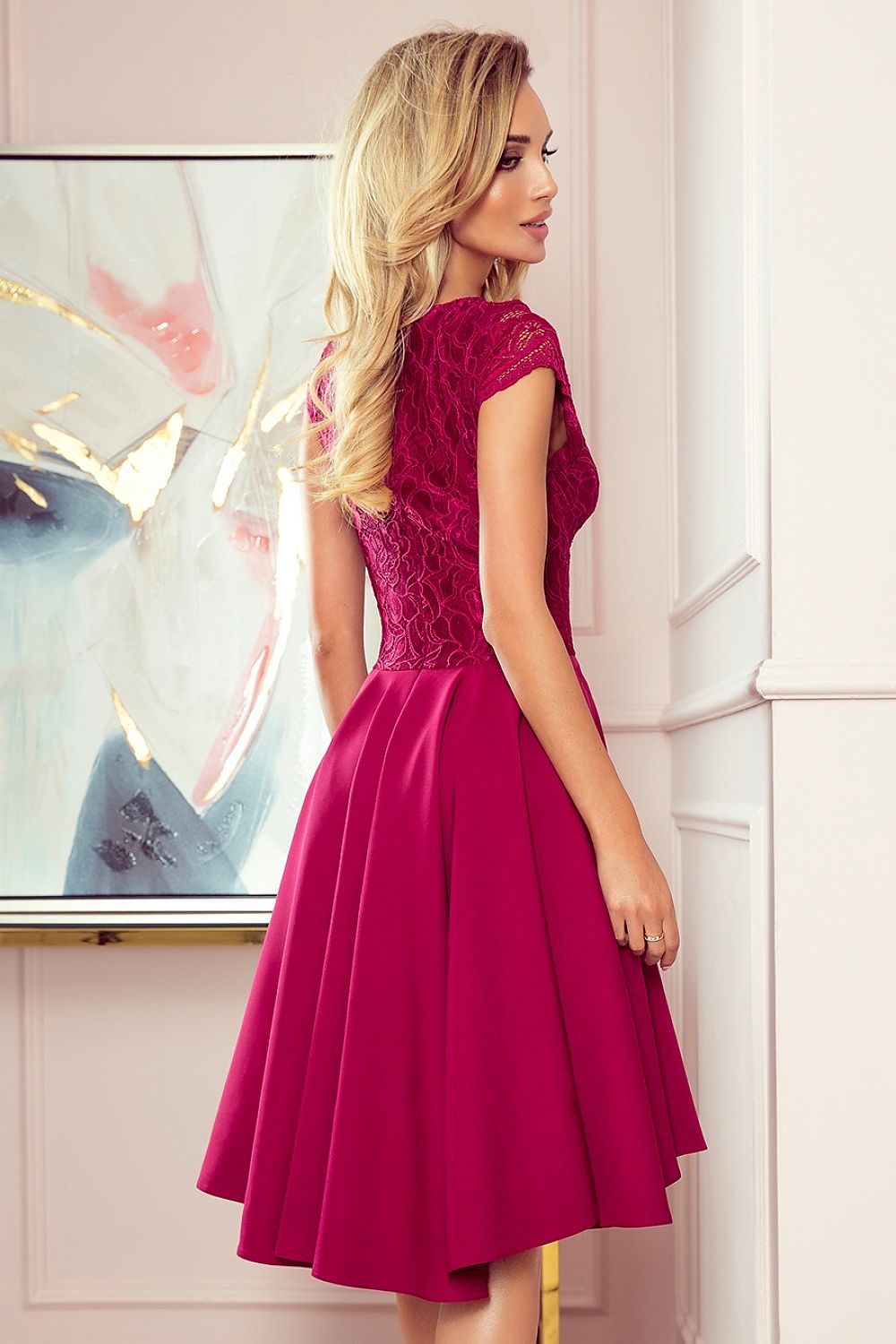 Miravelle Burgundy Lace High-Low Dress