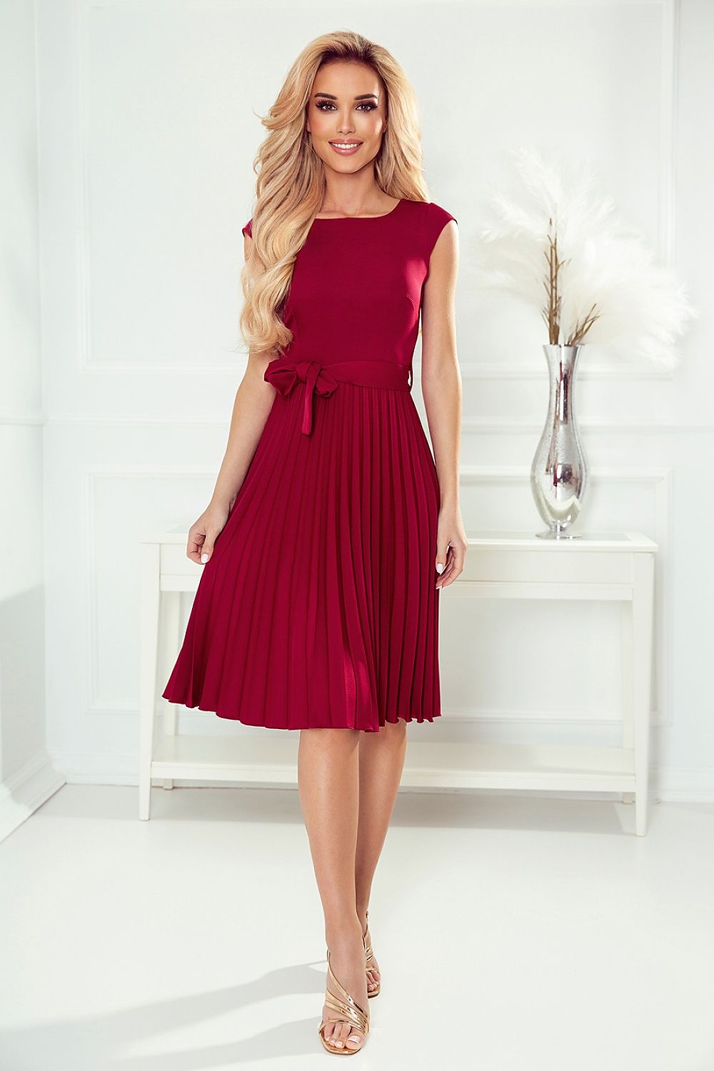 Marlisse Burgundy Pleated Midi Dress