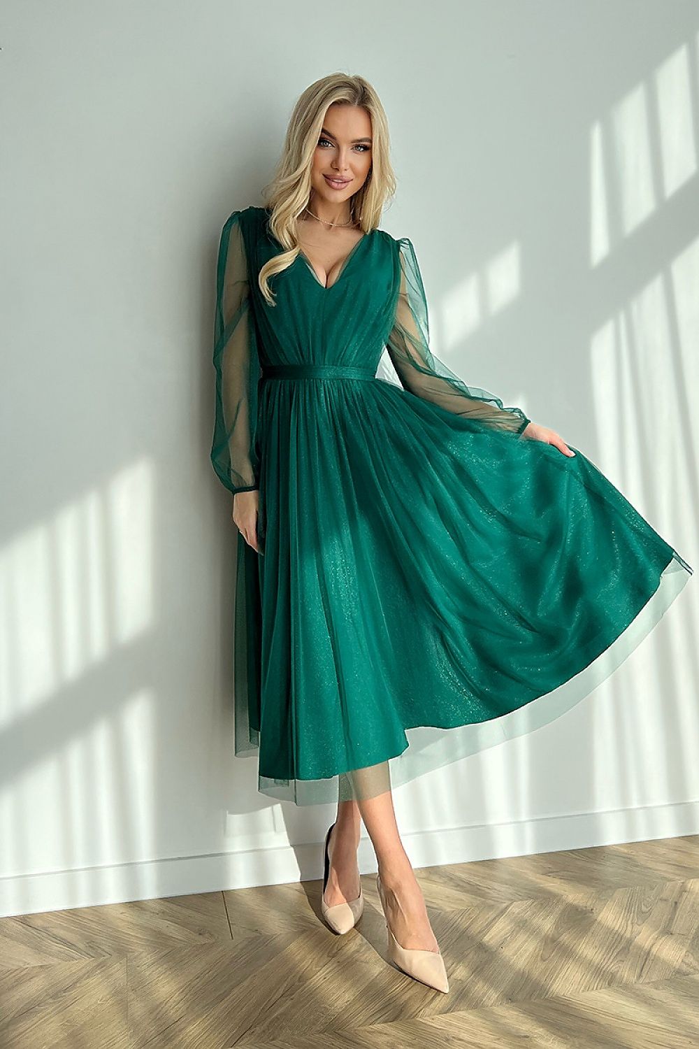 Marleia Mesh-Layered Evening Midi Dress