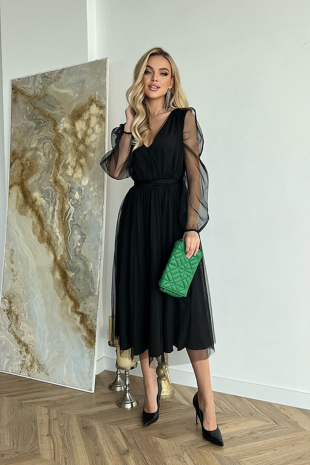 Marleia Mesh-Layered Evening Midi Dress