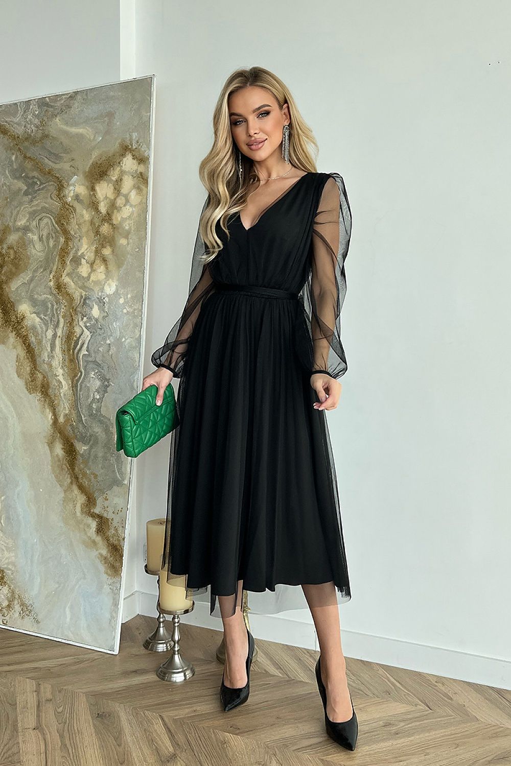 Marleia Mesh-Layered Evening Midi Dress