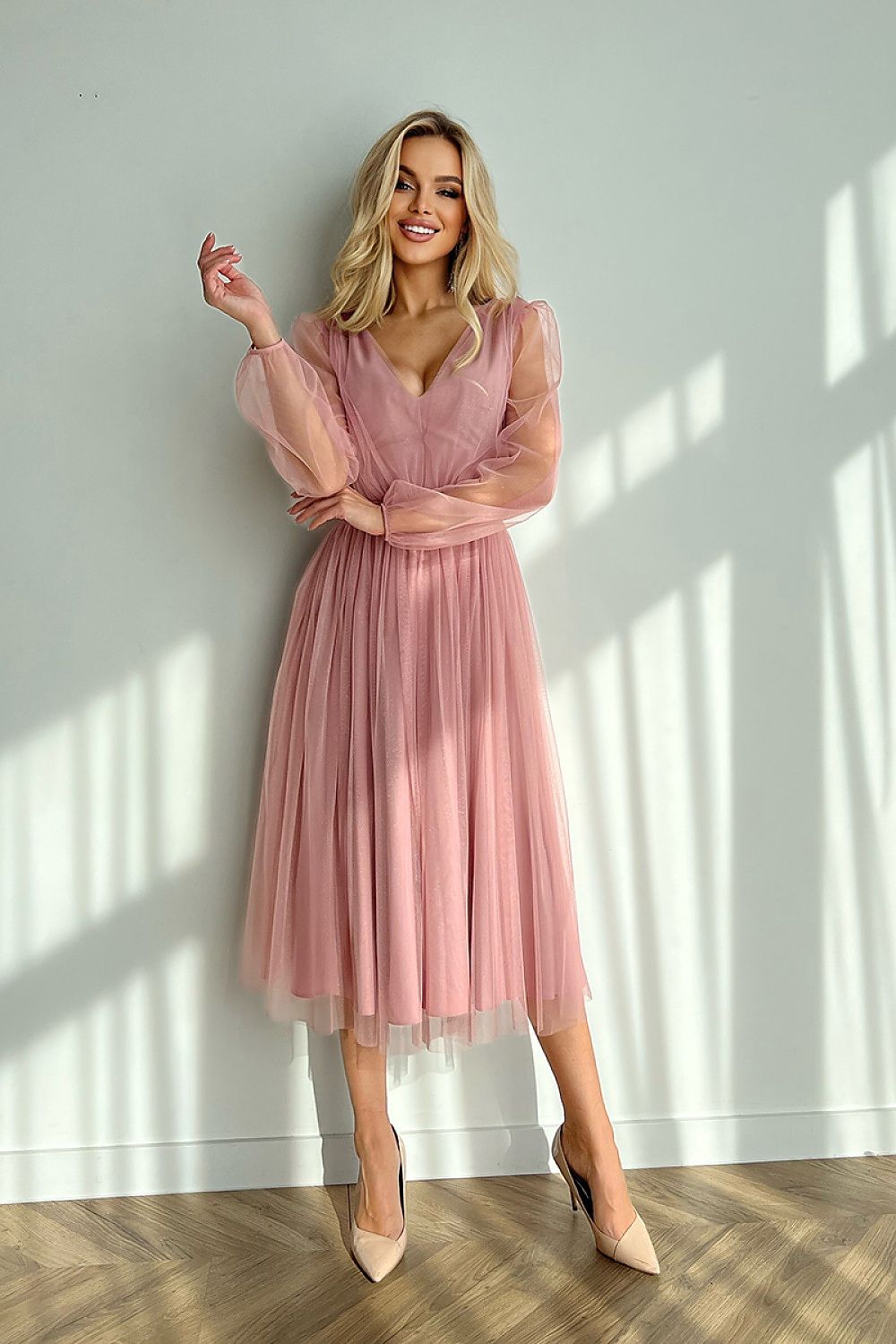 Marleia Mesh-Layered Evening Midi Dress