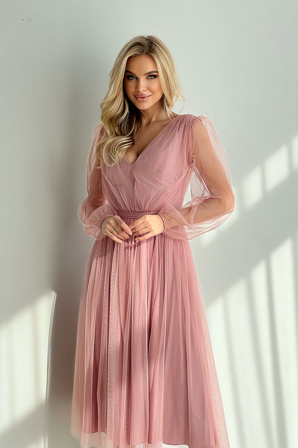 Marleia Mesh-Layered Evening Midi Dress