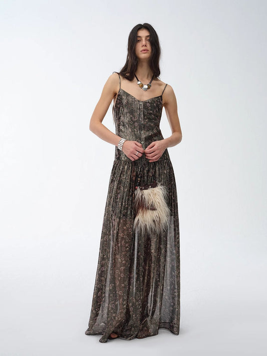 Golden Veil Silk Paisley Dress