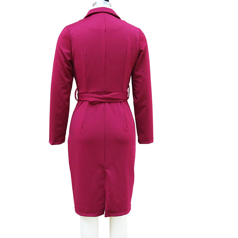 Women's Solid Color Blazer V-Neck Dress With Belt & Hem Slit - Slim Fit Formal Midi Dress For Spring&Fall