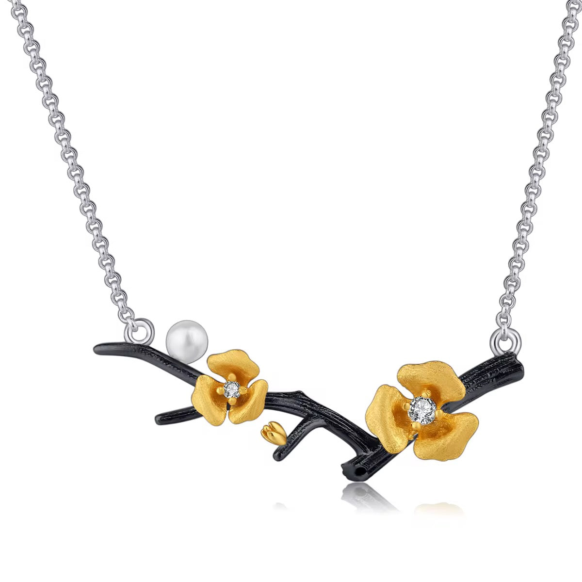 Flower Necklace with Pearl – Zircon & Floral Motifs