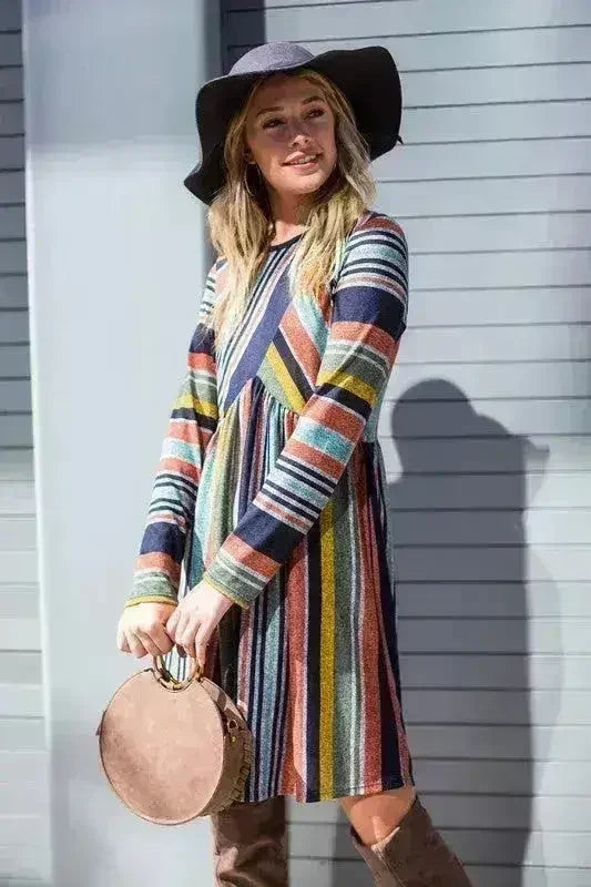 Color Block Stripe Midi Dress - Polyester-Spandex Blend | Femstylo