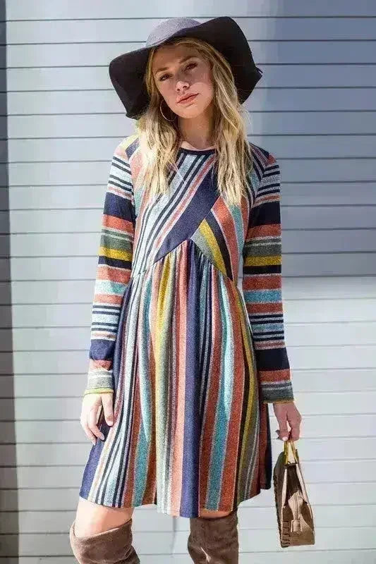 Color Block Stripe Midi Dress - Polyester-Spandex Blend | Femstylo