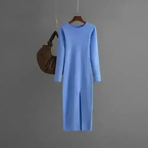 Autumn And Winter Long Sleeve Knitted Backless Round Neck Dress