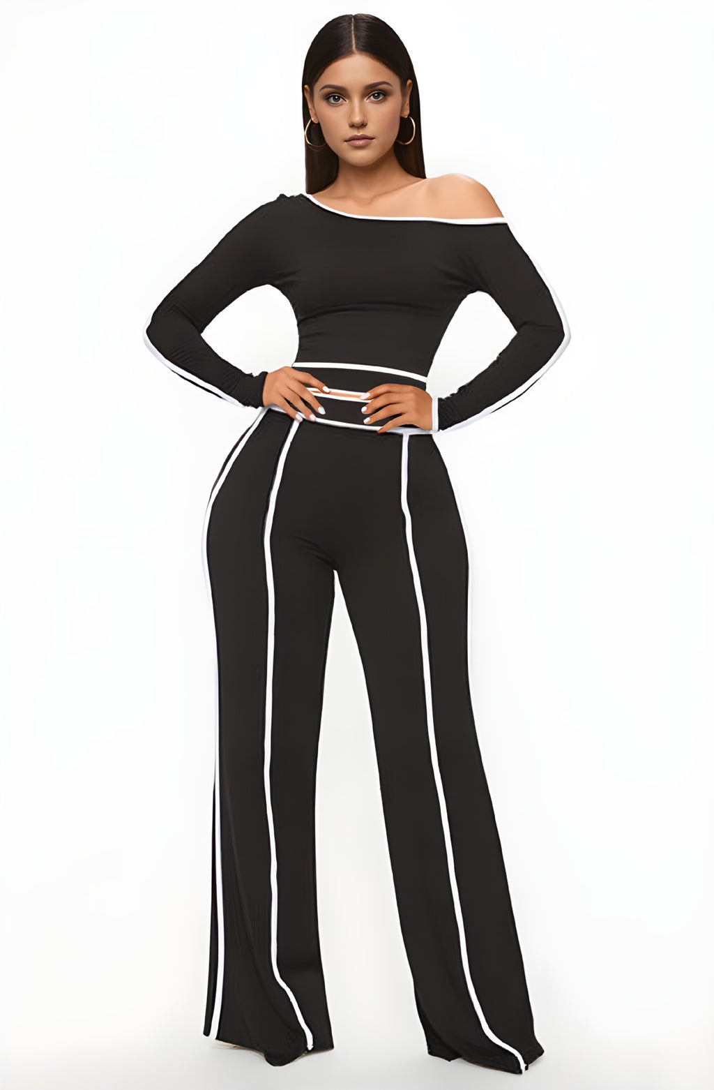 Commute Leisure Diagonal Collar Stitching High Waist Trousers Long Sleeve Two-piece Set (See size chart where applicable)