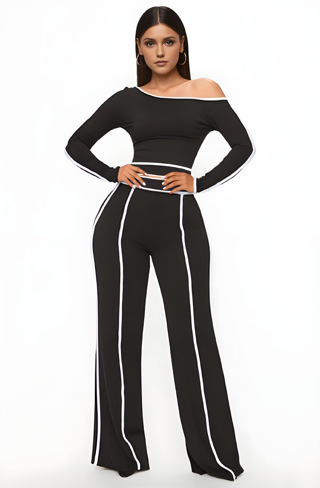 Commute Leisure Diagonal Collar Stitching High Waist Trousers Long Sleeve Two-piece Set (See size chart where applicable)
