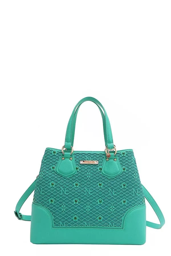 Nicole Lee USA Monogram Pattern Handbag with Rhinestones Decor