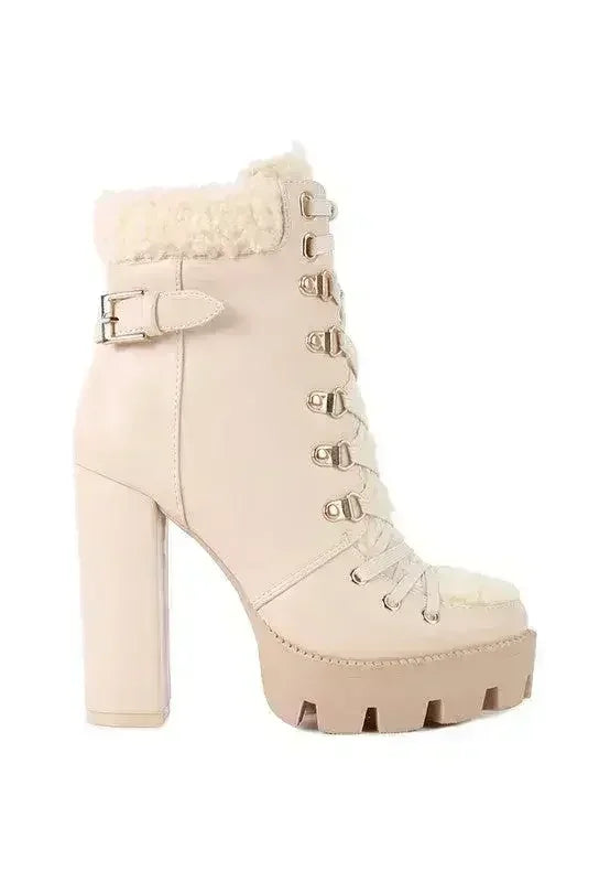Faux Leather Fur Collar Ankle Boots - Chunky Heel | Femstylo