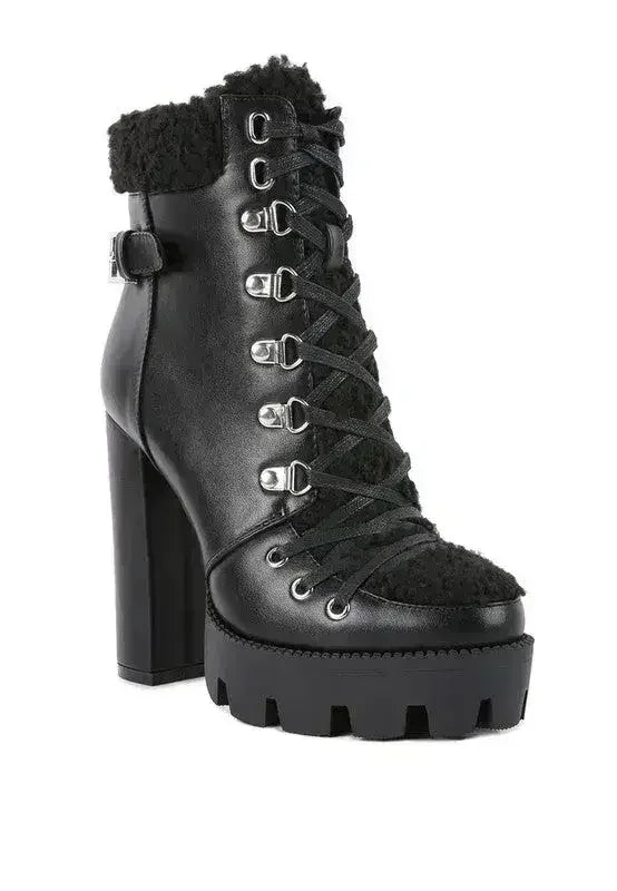Faux Leather Fur Collar Ankle Boots - Chunky Heel | Femstylo