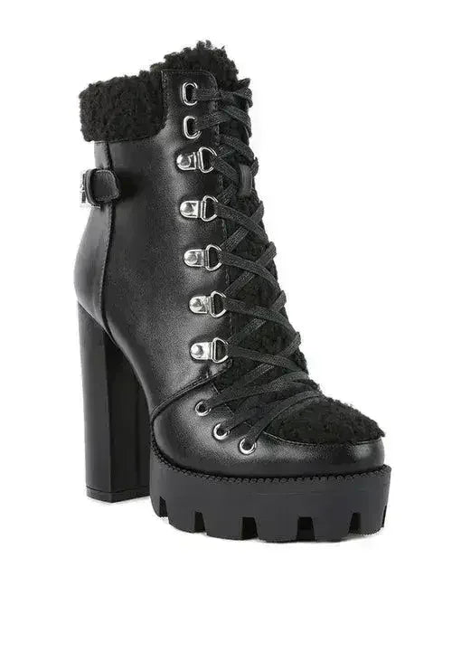 Faux Leather Fur Collar Ankle Boots - Chunky Heel | Femstylo