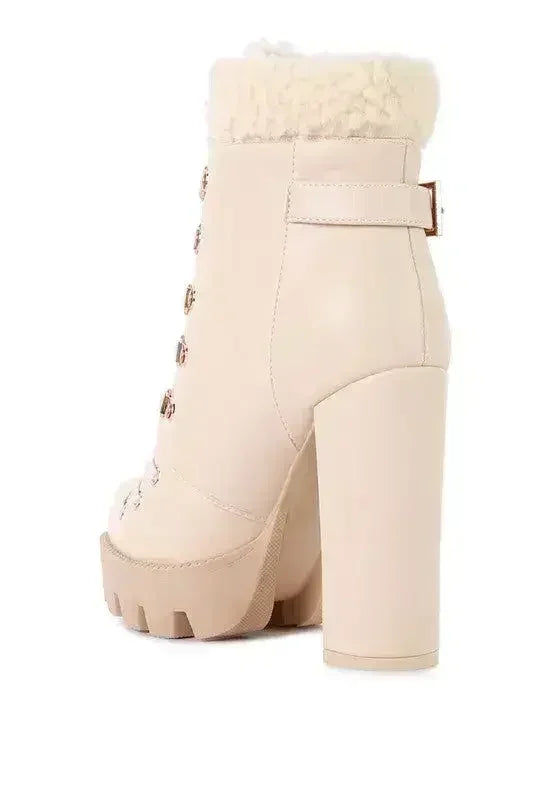 Faux Leather Fur Collar Ankle Boots - Chunky Heel | Femstylo