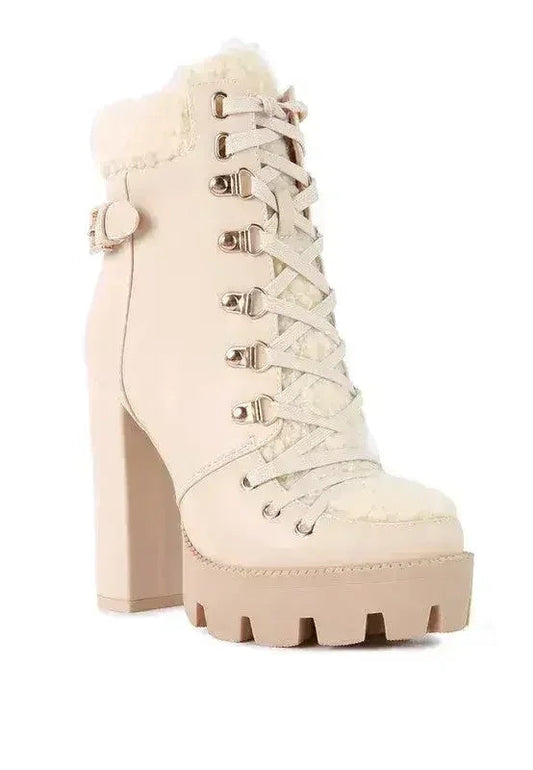 Faux Leather Fur Collar Ankle Boots - Chunky Heel | Femstylo