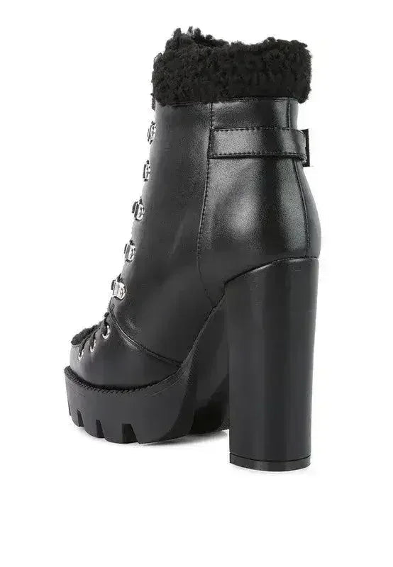 Faux Leather Fur Collar Ankle Boots - Chunky Heel | Femstylo