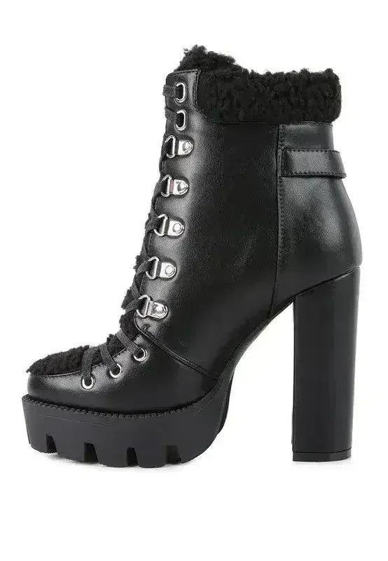 Faux Leather Fur Collar Ankle Boots - Chunky Heel | Femstylo