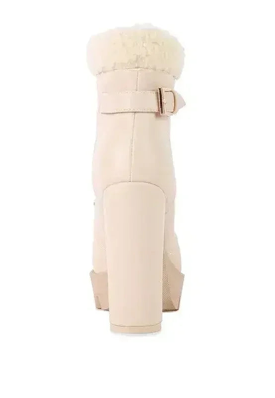 Faux Leather Fur Collar Ankle Boots - Chunky Heel | Femstylo