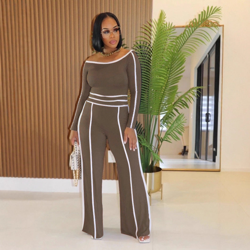Commute Leisure Diagonal Collar Stitching High Waist Trousers Long Sleeve Two-piece Set (See size chart where applicable)