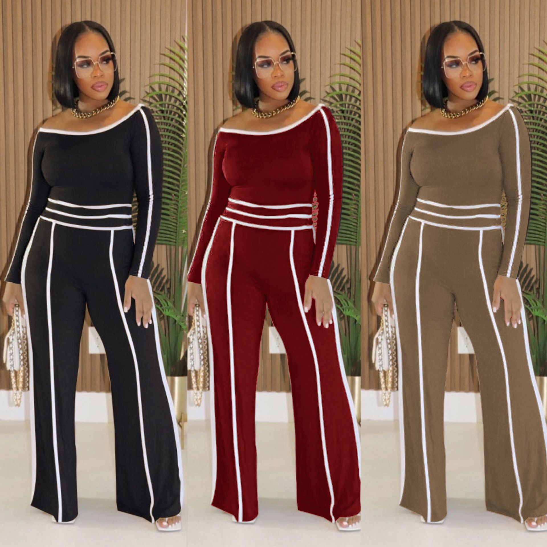Commute Leisure Diagonal Collar Stitching High Waist Trousers Long Sleeve Two-piece Set (See size chart where applicable)