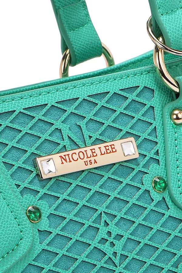 Nicole Lee USA Monogram Pattern Handbag with Rhinestones Decor
