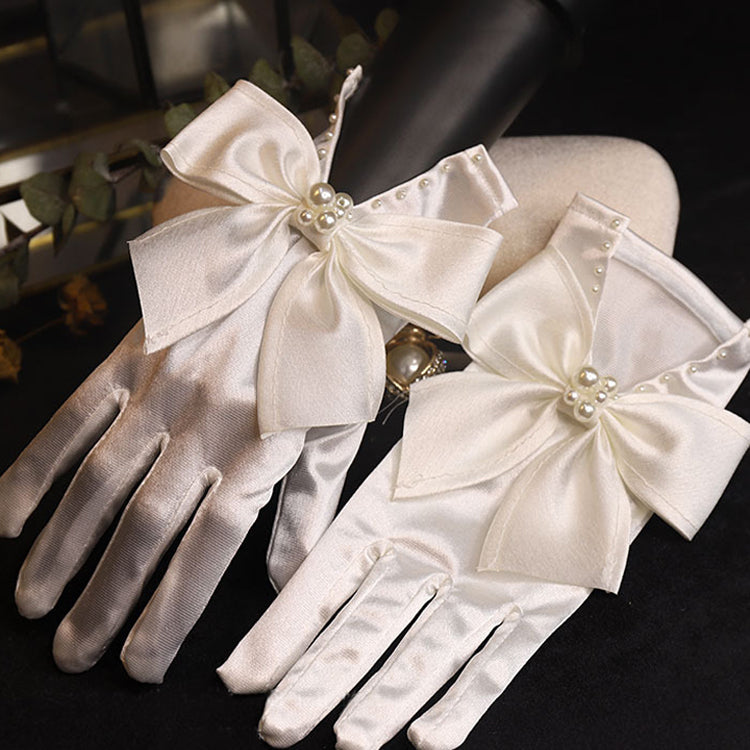 Elegant Pearl Bow Satin Gloves Bridal