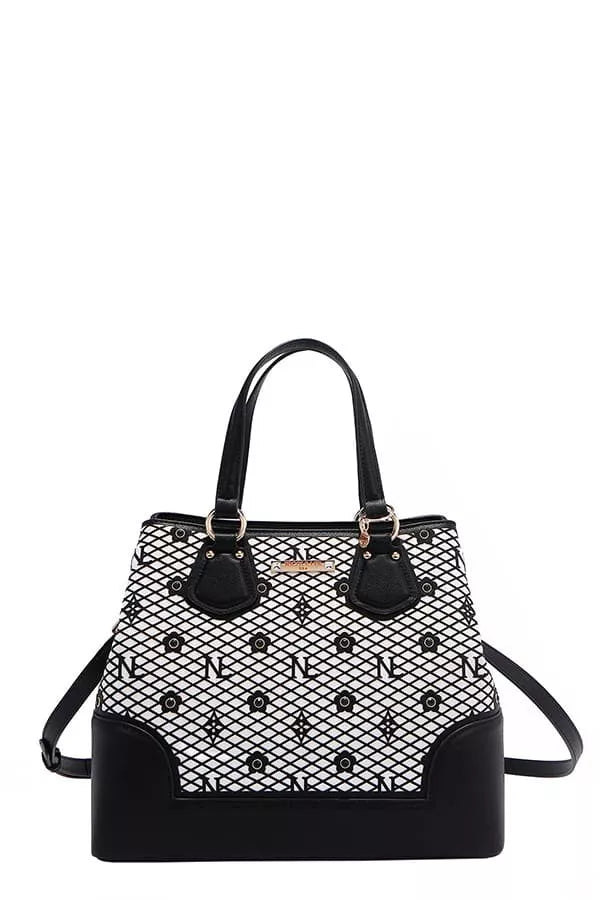 Nicole Lee USA Monogram Pattern Handbag with Rhinestones Decor