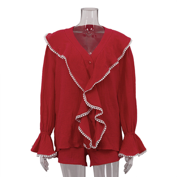 Lace V-neck Flared Sleeves Top And Shorts Two-piece Set (See size chart where applicable)