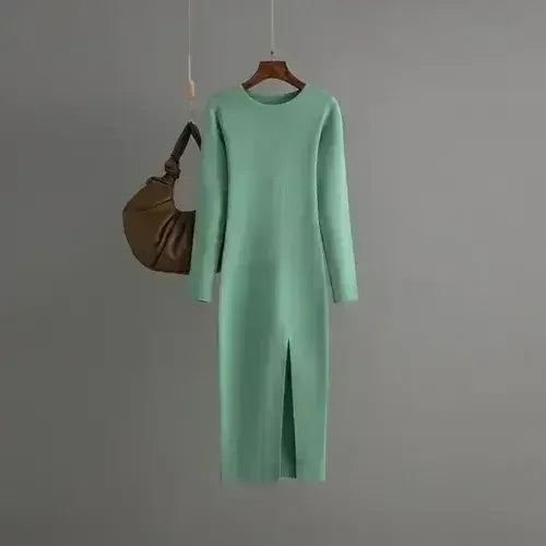 Autumn And Winter Long Sleeve Knitted Backless Round Neck Dress