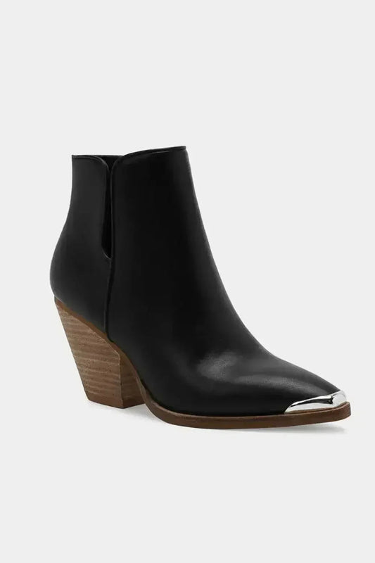 Metal-Toe Ankle Boots - 3.5" Block Heel - Faux Leather Pointed-Toe
