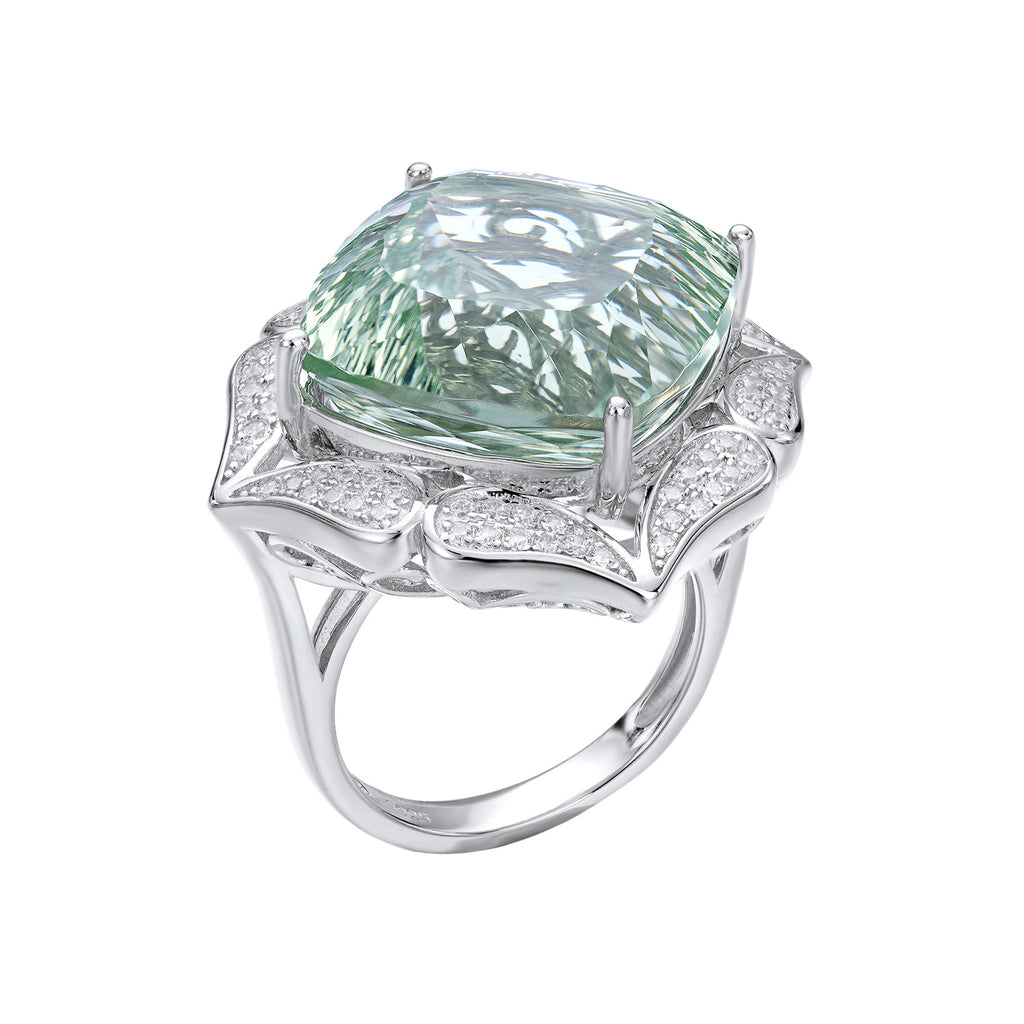 Ins Wind Luxury Crystal Ring Femininity Silver Set With Large Natural Green Crystal.