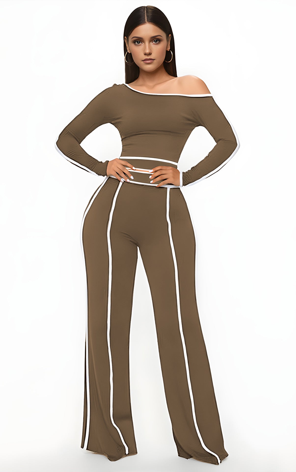 Commute Leisure Diagonal Collar Stitching High Waist Trousers Long Sleeve Two-piece Set (See size chart where applicable)