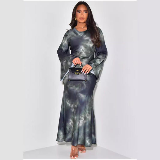 Artful Print Flowing satin maxi  Dress