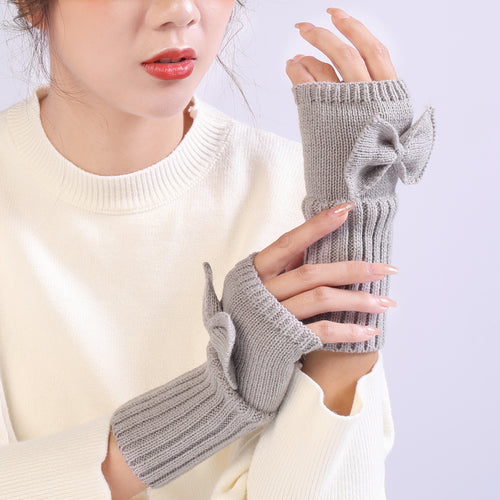 Bow Knitted Wool Keep Warm Half Finger Fingerless Gloves