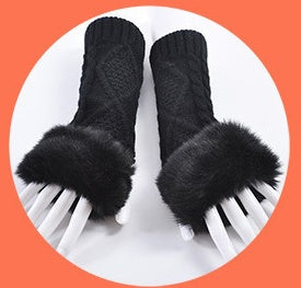 Gloves Female Autumn And Winter Cute Student Ladies Gloves Korean Version Of The Fingerless Arm Sets Of Warm Rabbit Hair Half Finger Gloves