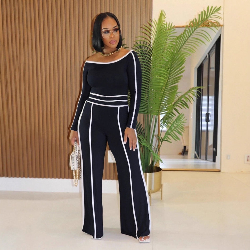 Commute Leisure Diagonal Collar Stitching High Waist Trousers Long Sleeve Two-piece Set (See size chart where applicable)