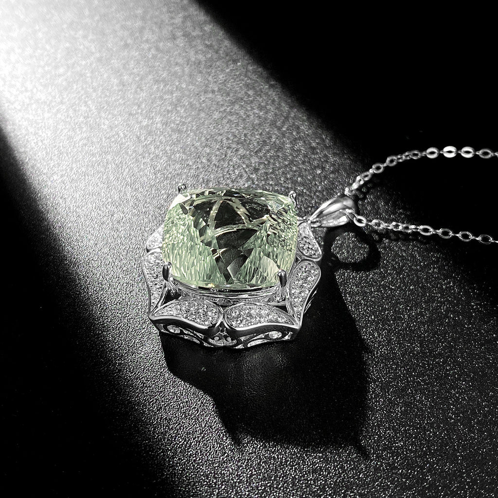 Luxury Sweater Chain Femininity S925 Silver Set Large Natural Green Crystal Pendant High-grade Jewelry.