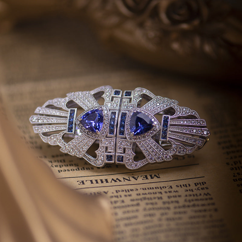 Tansang Blue Vintage Scarf Buckle Neckline Clip 925 Sterling Silver Brooch.