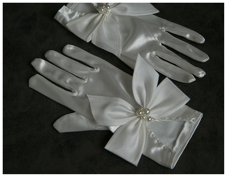 Elegant Pearl Bow Satin Gloves Bridal